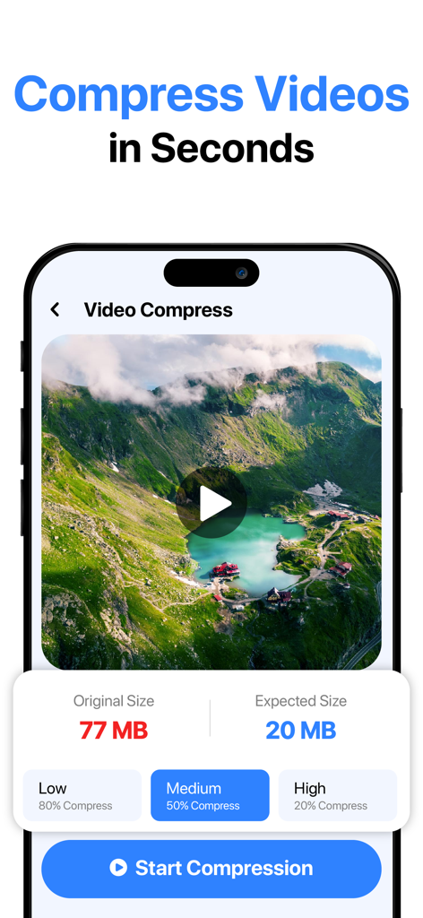 Interface of Phone Cleaner app showing video compression options from 77MB to 20MB
