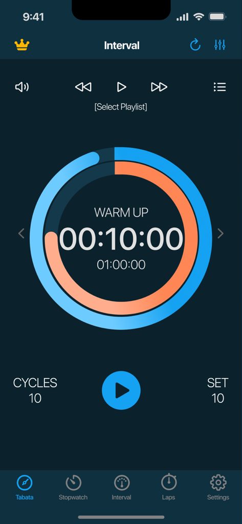 Stopwatch & Countdown Timer - Aplicación Cronómetro y Temporizador que muestra el modo de entrenamiento por intervalos con cuenta regresiva de calentamiento y ciclos