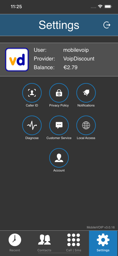 MobileVOIP app settings screen displaying account balance and service icons