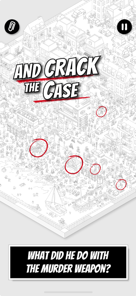 MicroMacro: Downtown Detective - Detailed black and white city map with red circles highlighting clues to solve a murder case in MicroMacro Downtown Detective.