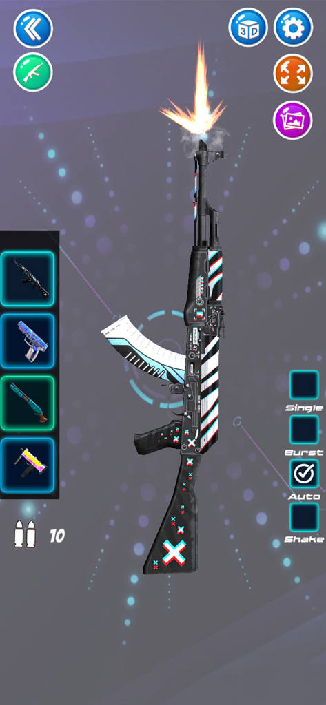 Gun Trick Simulator - A stylized AK47 rifle firing with a muzzle flash in the Gun Trick Simulator app interface