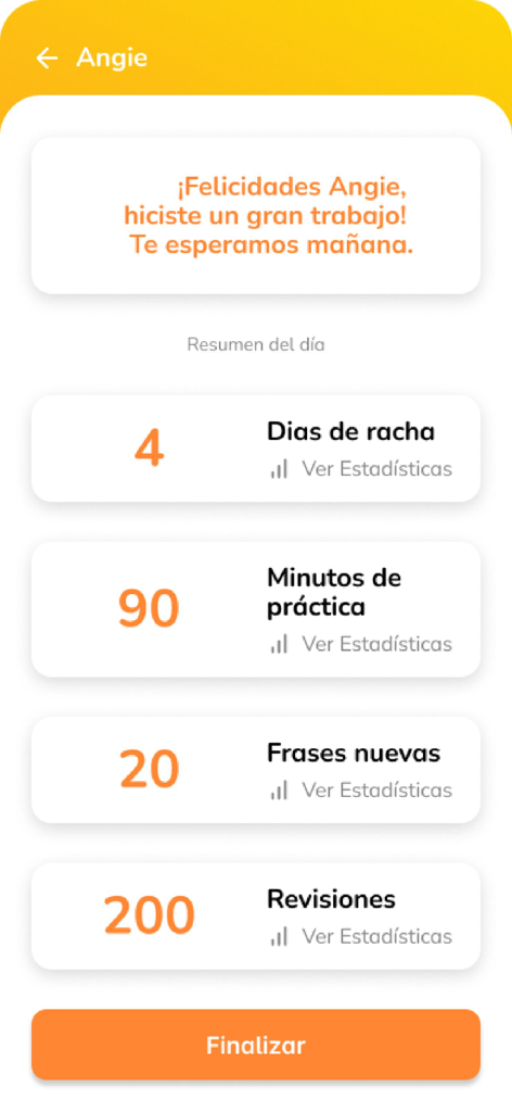 RAIO App - RAIO app daily summary screen showing user statistics for practice time and phrase reviews