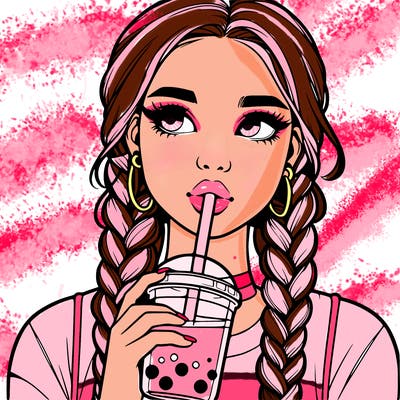 realistic girl with braided hair drinking boba