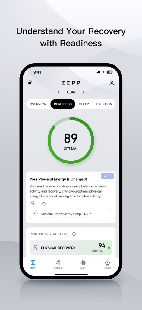 Zepp app readiness screen showing optimal physical energy and recovery score