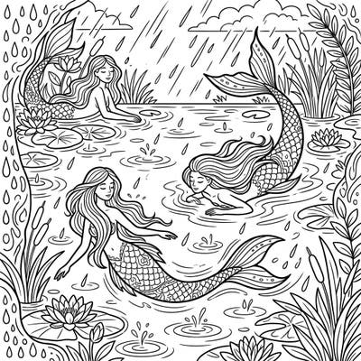 Embrace the tranquil beauty of a rainy day with this exquisite coloring page featuring graceful lake mermaids. Dive into a soothing scene filled with gentle raindrops, serene waters, and delicate aquatic flora awaiting your creative touch.
