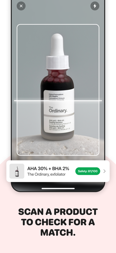 Routinely: Skincare Assistant - Smartphone scanning a skincare bottle using the Routinely app to display its safety rating