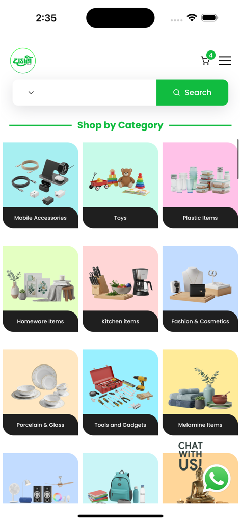 D Online mobile app shop by category screen featuring various product groups like kitchen items and mobile accessories