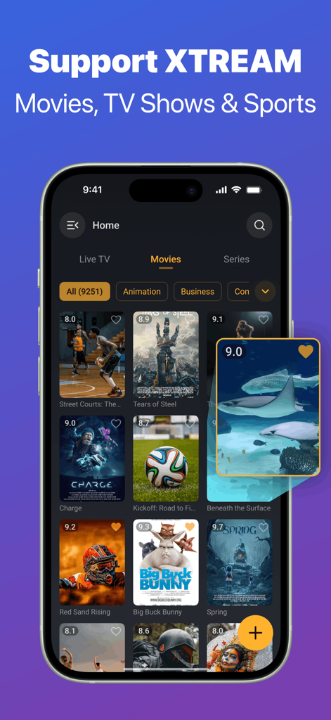 IPTV Stream Player – Live TV - Interfaccia dell'app mobile di IPTV Stream Player che mostra una libreria di film con supporto XTREAM e filtri per categorie