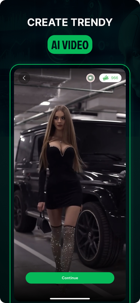 Interface of the FaceAi app showing a cinematic AI video of a young woman in a stylish black dress next to a luxury car