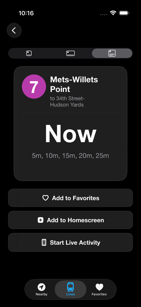 Now Departing - Now Departing app interface showing live departure times for the 7 train at Mets-Willets Point station.