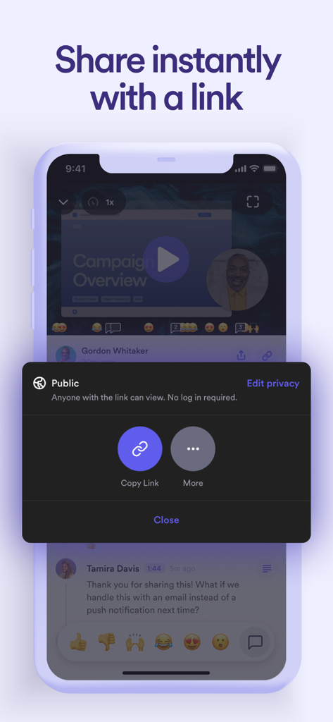 Loom: Screen Recorder - Loom mobile app interface showing the share video link menu with a public access setting.
