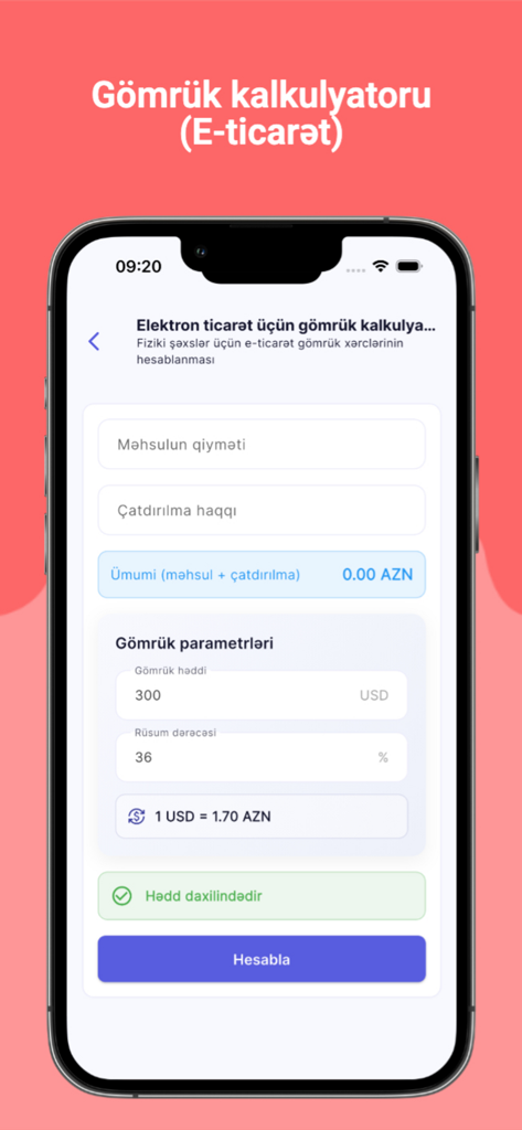 Kredit Hesabla - PulApp - Captura de pantalla de la interfaz de la calculadora de aranceles aduaneros de comercio electrónico de PulApp para calcular impuestos de envío a Azerbaiyán.
