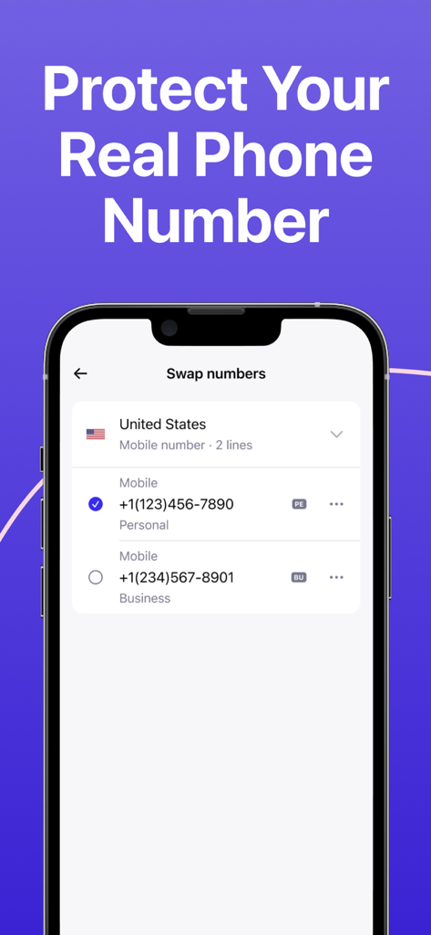 Second Phone Number ™ 2nd Line - Interfaccia di uno smartphone che mostra due linee telefoniche separate etichettate personale e aziendale per proteggere la privacy