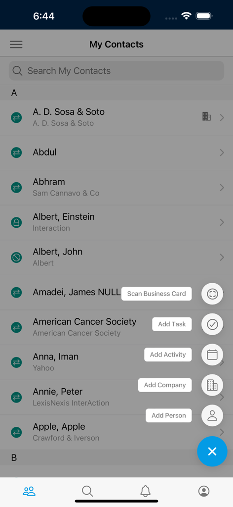 InterAction plus mobile app My Contacts screen with the quick actions menu open.