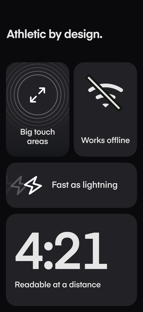 Dropset: Gym tracker - Display of Dropset app features including big touch areas, offline mode, fast performance, and a large readable workout timer.