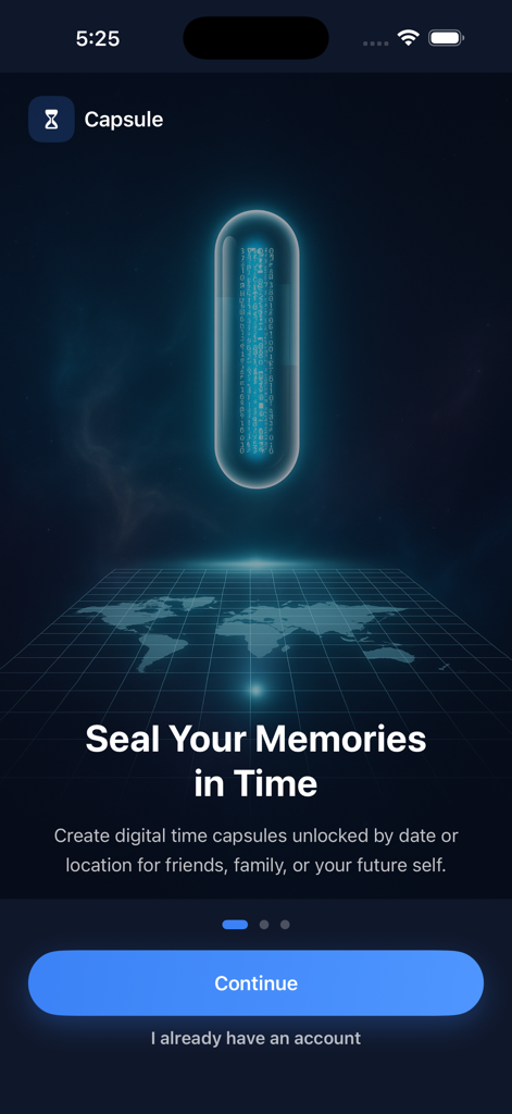 TimeCapsules - Tela de integração do aplicativo TimeCapsules apresentando uma cápsula digital brilhante sobre um mapa mundial com o texto "Sele Suas Memórias no Tempo"