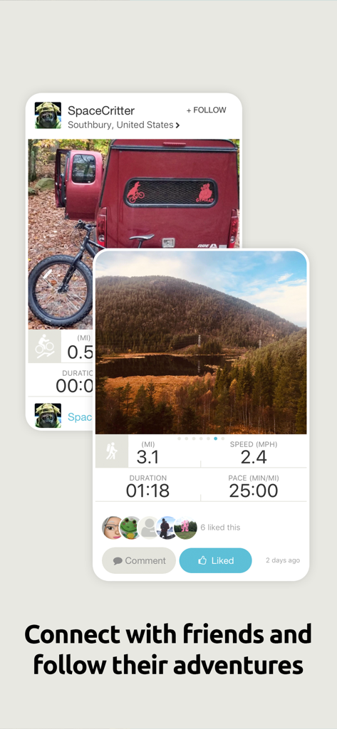 Map My Tracks: run tracker - Interface de aplicativo móvel mostrando um feed social de atividades ao ar livre com fotos, estatísticas de treino e interações sociais