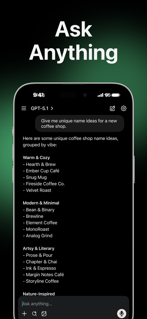 Gigachat: Chatbot AI Assistant - Gigachat AI chatbot providing unique coffee shop name suggestions on an iPhone interface