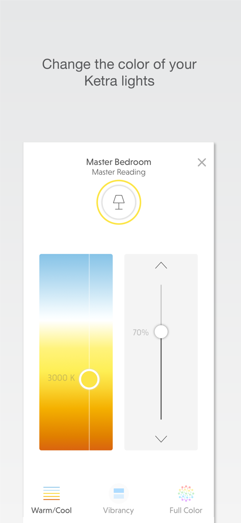 Lutron RadioRA 2 app interface showing color temperature and brightness controls for Ketra lights in a master bedroom.