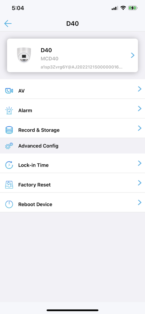 VideoLink - VideoLink app interface showing device settings for a security camera including options for alarm record storage and reboot