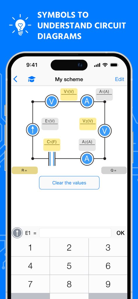 Circuit Builder Calc: Solver - Schematic editor interface in Circuit Builder Calc app showing an electrical circuit diagram with voltmeter and ammeter symbols