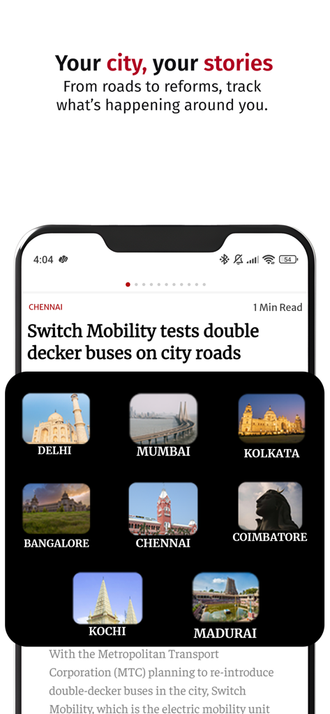 The Hindu app interface for selecting local news from major Indian cities including Delhi Mumbai and Chennai