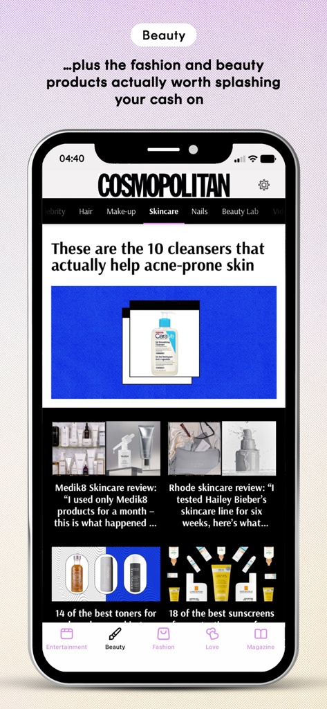Cosmopolitan UK - Cosmopolitan UK app interface displaying beauty and skincare articles