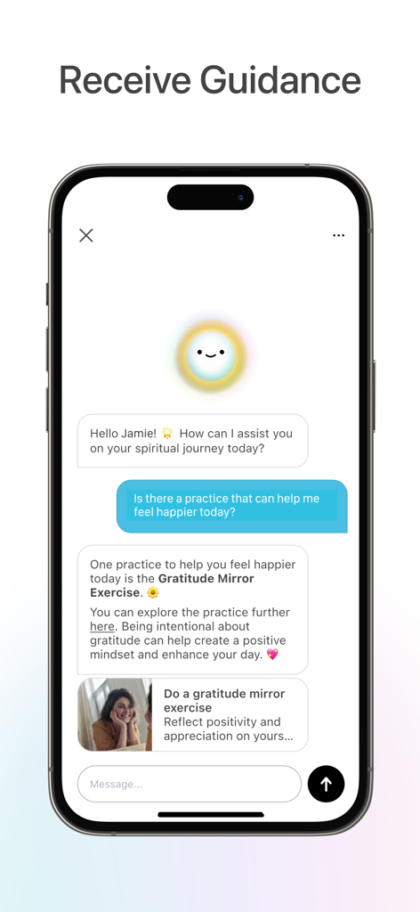 Sol - Grow Your Inner Light - A smartphone screen showing a spiritual guidance chat interface where an AI suggests a gratitude mirror exercise to improve mood.
