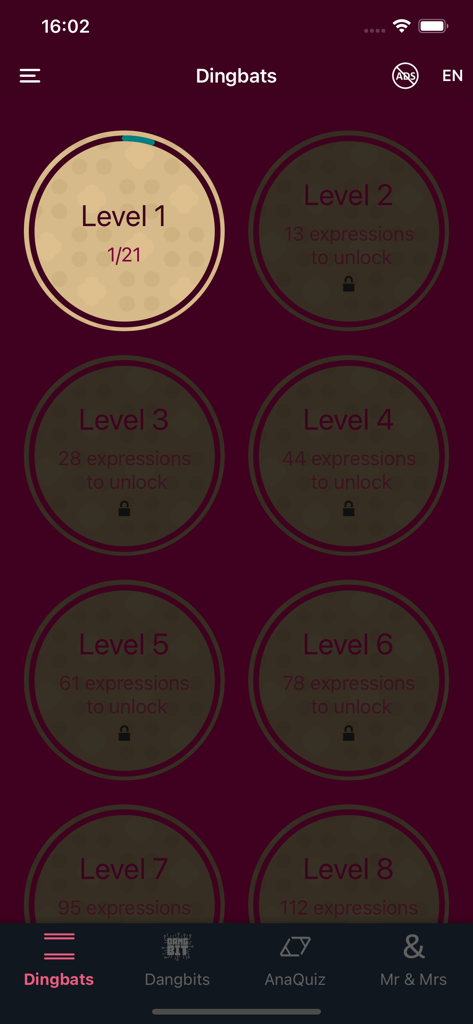 Dingbats - Between the lines - Level selection menu of the Dingbats word puzzle app showing progress and locked levels
