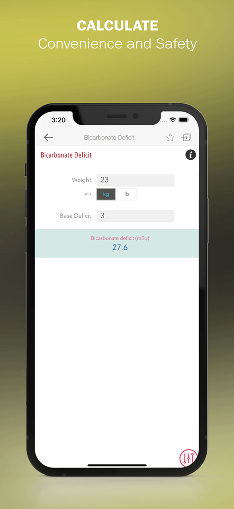 Calcolatore clinico del deficit di bicarbonato nell'app veterinaria Equine Med.