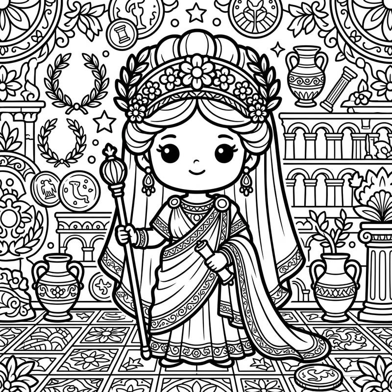 Discover the charm of ancient Rome with a delightful Kawaii twist, featuring an irresistibly cute Roman Empress ready for your artistic touch. This intricate design promises a unique blend of history and contemporary style, perfect for a relaxing coloring session.