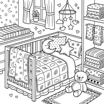 Explore the serene and comforting details of a baby's nursery with this enchanting coloring page. Featuring a cozy crib, soft bedding, and charming decorative elements, it's perfect for a relaxing creative escape.