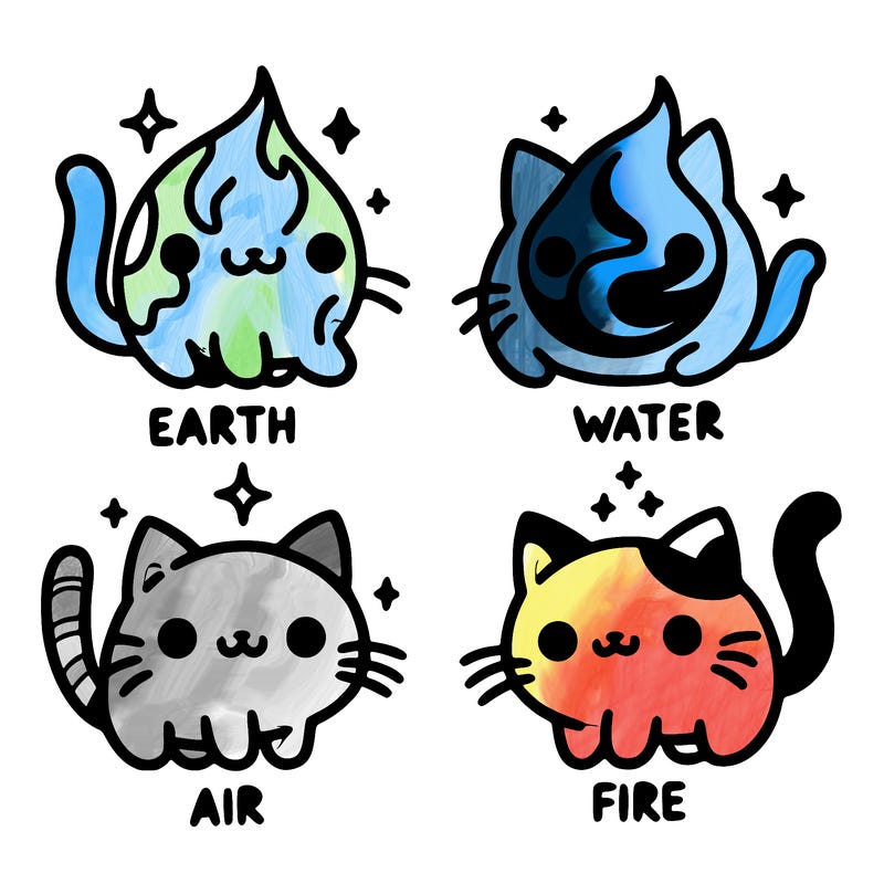 4 cats that represent the different elements, earth, water, air, and fire