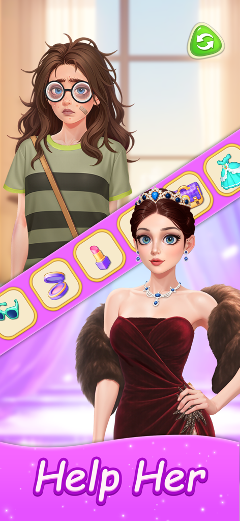 Merge Fashion: Romance Story - A side-by-side comparison showing a character transformation from a messy look to a glamorous evening gown with accessories.