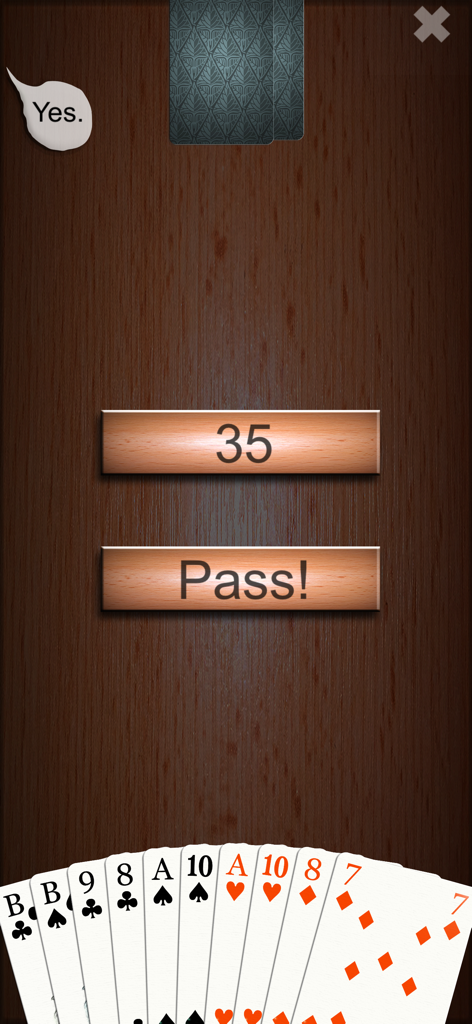 Interfaz del juego SkatGenius mostrando a un jugador pujando 35 o pasando durante una partida de cartas