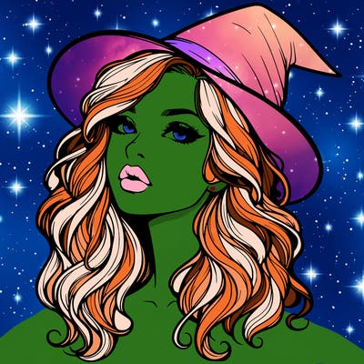 realistic witch girl with wavy hair and lips
