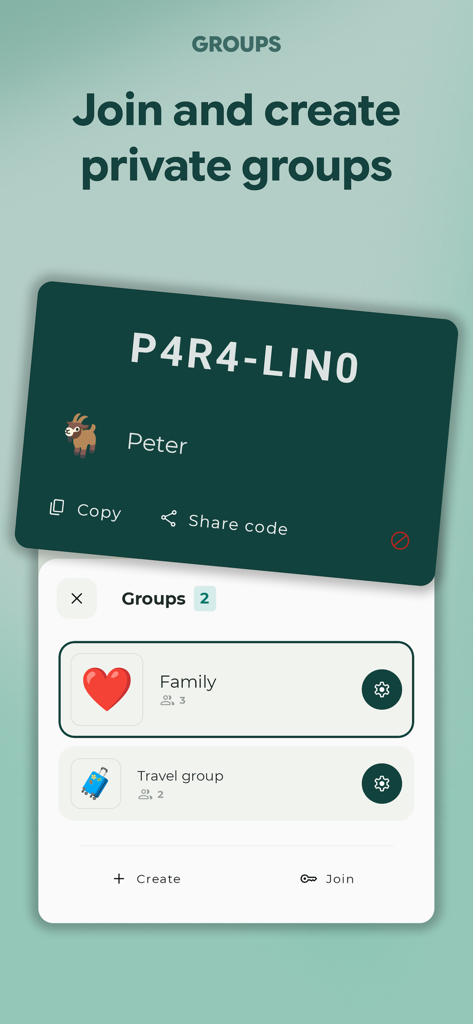 Paralino: Secure Phone Tracker - Interface of the Paralino app showing options to join and create private groups for family and travel