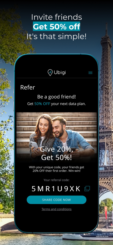 Ubigi mobile app referral screen offering a 50 percent discount for inviting friends to use travel eSIM data plans