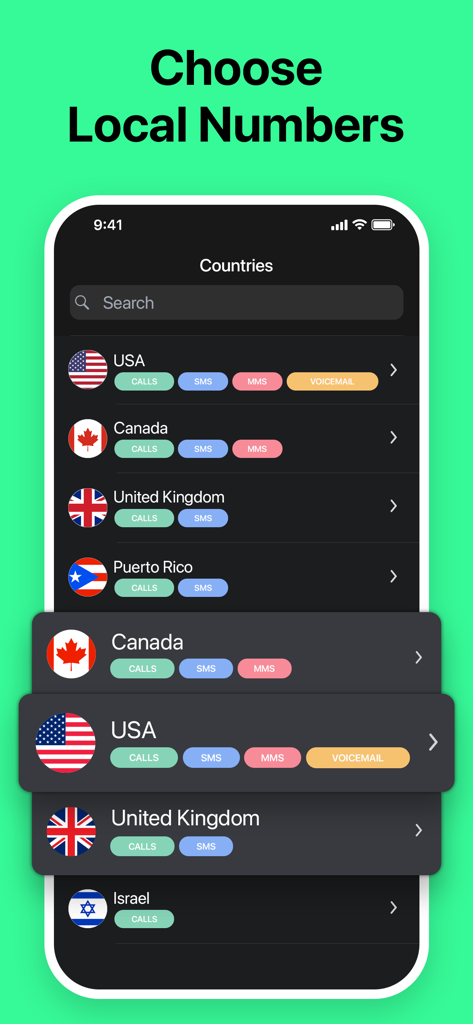 Uma interface móvel para selecionar um segundo número de telefone de vários países como EUA, Canadá e Reino Unido