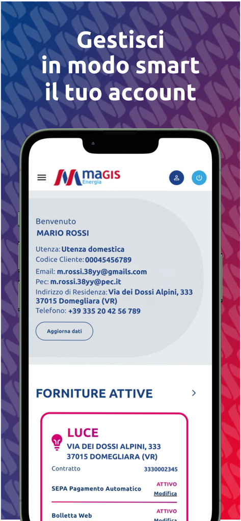 Magis Energia - Magis Energia 모바일 앱 사용자 대시보드, 개인 정보 및 활성 전기 공급 상태 표시