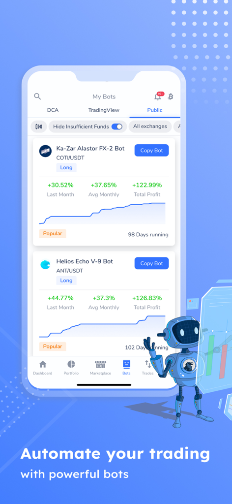 Cornix - Cornix app screen showing automated trading bots with profit metrics and performance charts