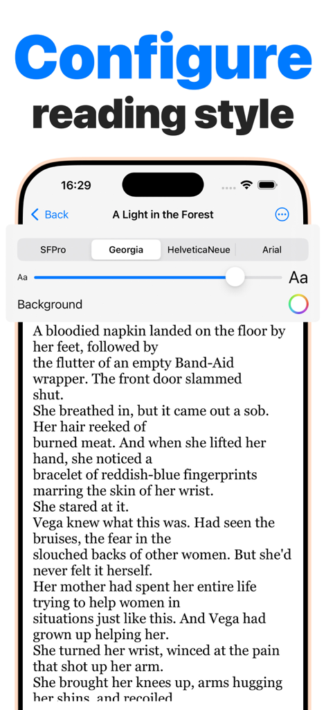 Manga reader app: PDF to word - マンガリーダーアプリでフォントスタイルとテキストサイズを設定するためのインターフェース。