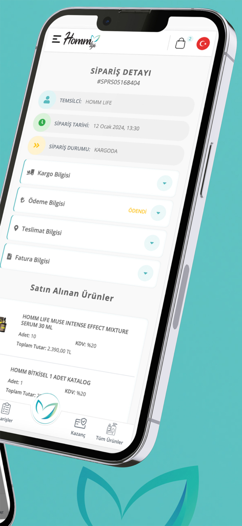 Homm Life mobile app screen displaying order tracking and details for wellness products.