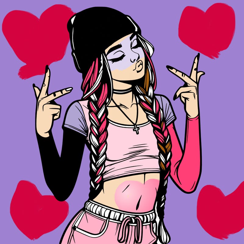 realistic teenage girl with braids and a beanie and crop top doing 🫶🏼