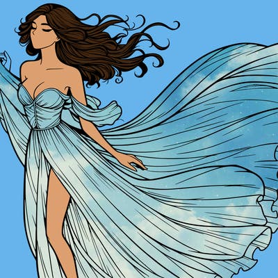 realistic woman in dress flowing the the wind