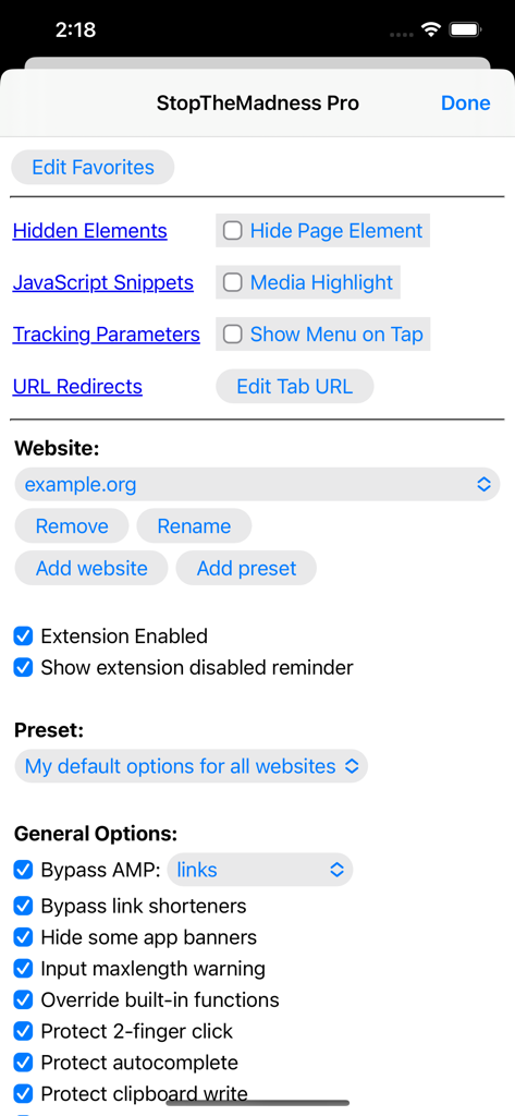 StopTheMadness Pro iOS settings screen showing general browsing options and privacy features