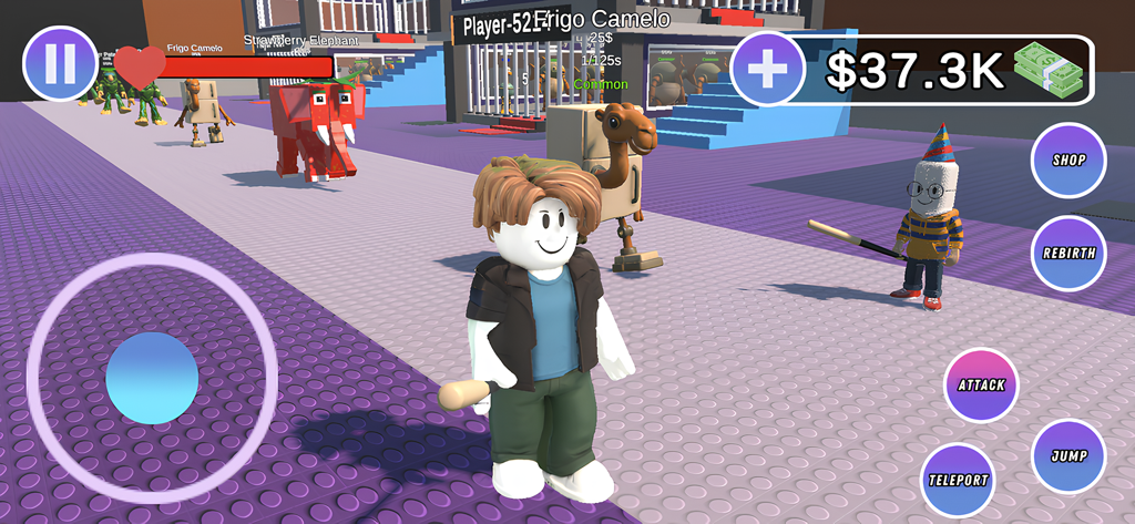 Gameplay screenshot of Steal a Brainrot Roblox showing a blocky avatar and meme-inspired characters