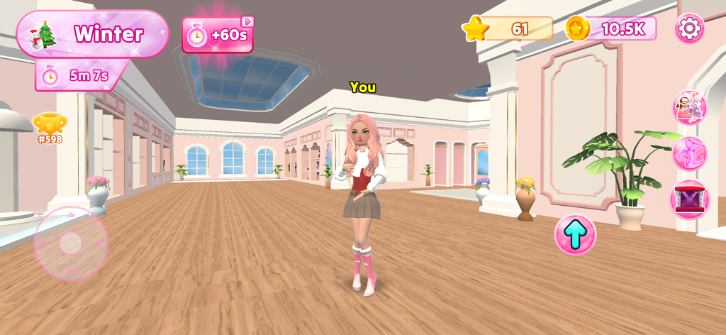Dress Up Fashion Star - Un personaje 3D estilo anime en un camerino boutique rosa.