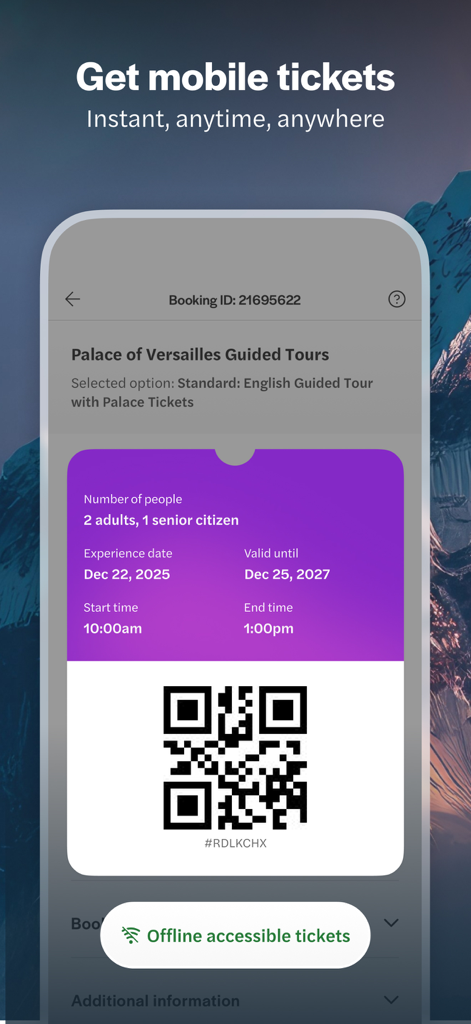 A digital ticket for a tour with a QR code and an offline access button on the Headout mobile app.