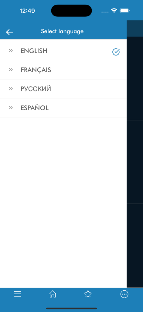 TB Report - Language selection screen in the TB Report app showing options for English, French, Russian, and Spanish.